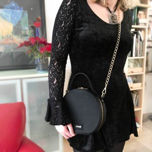 Circle Bag runde Leder Umhängetasche schwarz mit Kettenhenkel und Lederhenkel