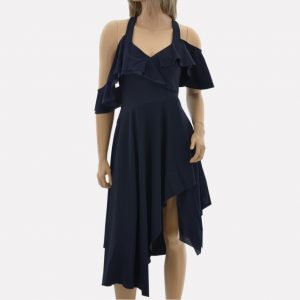 Asymmetrisches Kleid blau mit Träger, Volant und Schlitz von HIGH USE by Claire Campbell, knielang, schmal an der Büste, locker in der Hüfte, stark reduziert, outlet