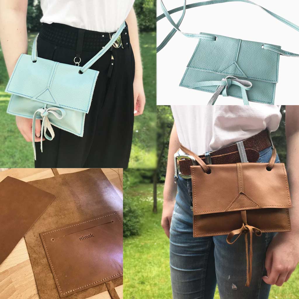 Crossbody Tasche kleine Leder Umhängetasche und Bauchtasche in eins, mit Lederriemen zum Knoten. Pull-Up Leder in erdnuss braun. Ledertasche mit Deckel und Innenfach. Handmade in Deutschland.