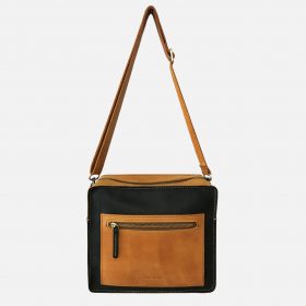Schultertasche Leder cognac schwarz Damen Herren Umhängetasche, handgefertigte minimalistische unisex Ledertasche mit Schulterriemen.