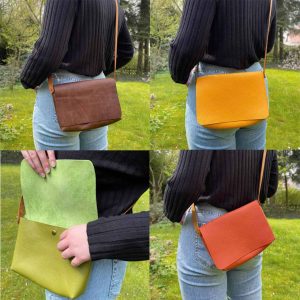 Umhaengetasche Leder Crossbody bag braun vintage, orange terracotta, gelb und grün. Handgefertigte kleine Schultertasche mit Deckel.