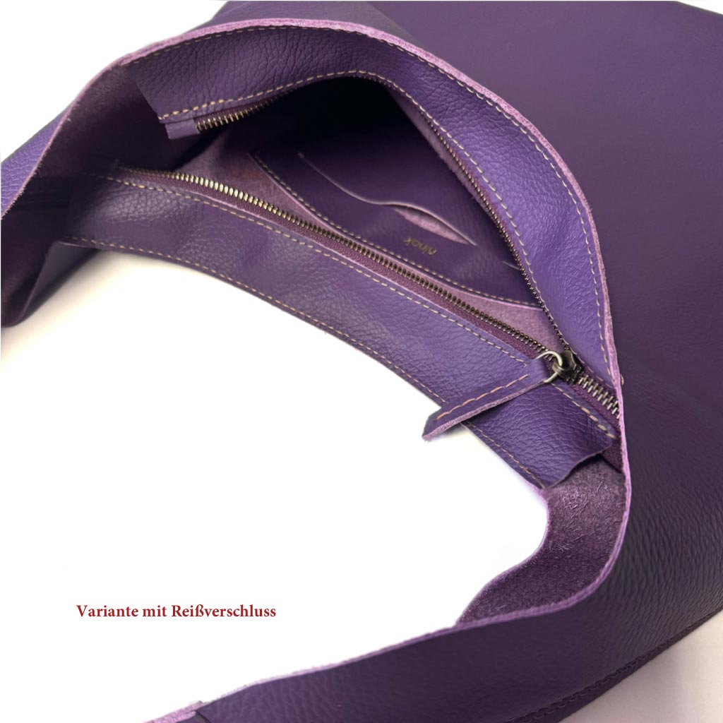 Schultertasche lila flieder Leder Hobo Bag violett. Hell und dunkel. Große Ledertasche mit Henkel und Innenfach. Handgefertigt in Deutschland. Mit Reißverschluss Variante.